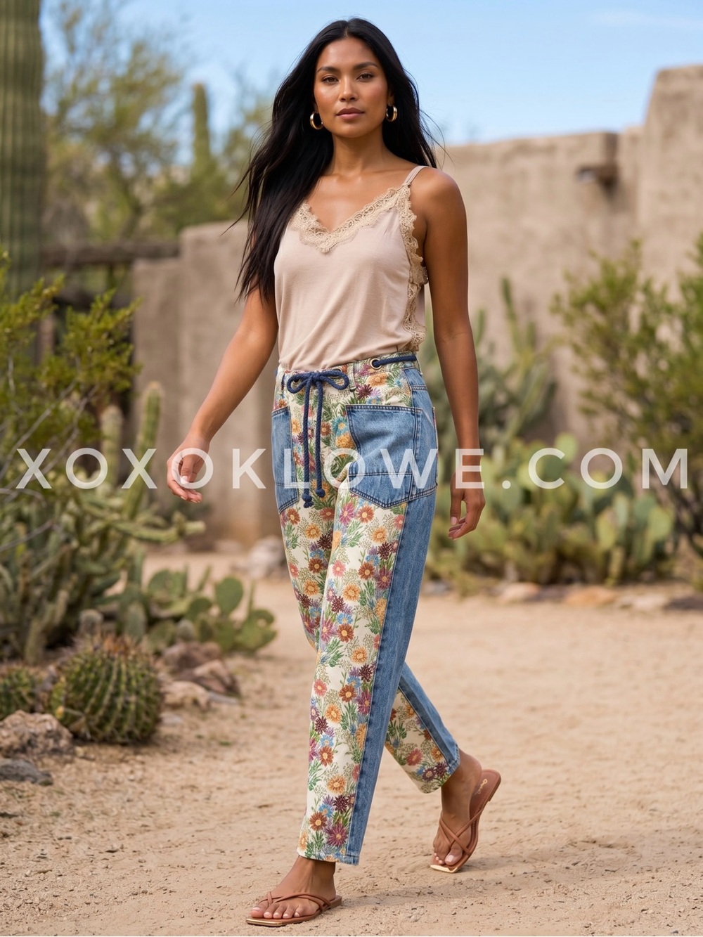 Oli & Hali Floral Jacquard Barrel Jeans | Moxie Rope Tie Denim Pants - Picture 2 of 12